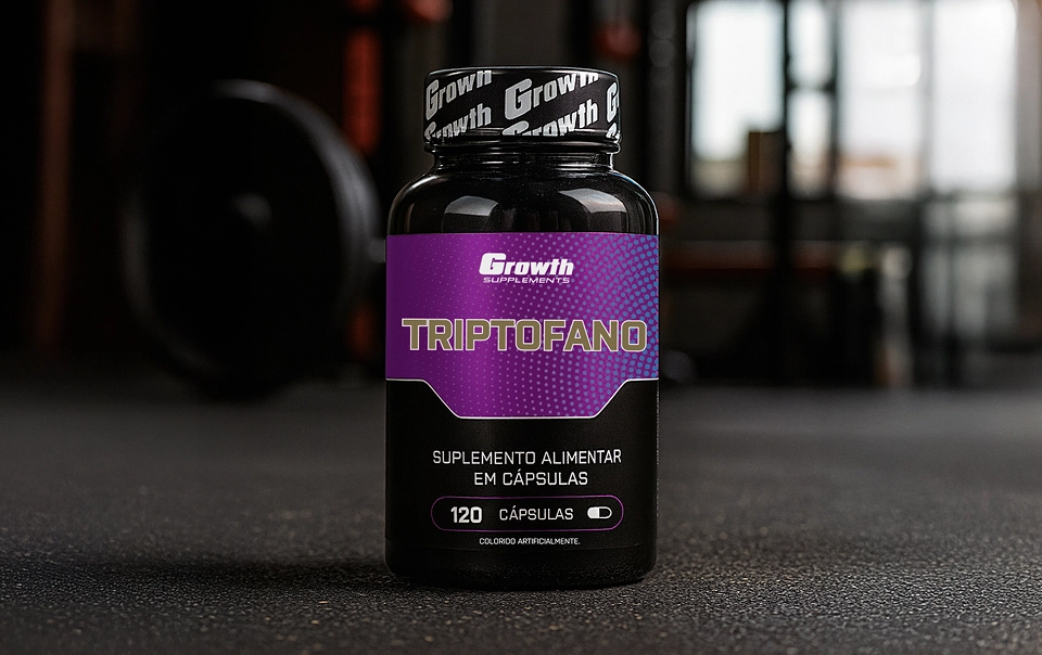 Triptofano 120 caps - Growth Supplements na frente e uma academia no fundo - 