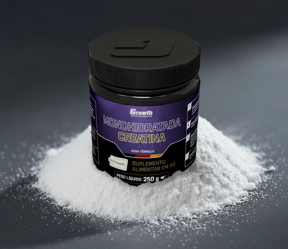 Creatina Creapure de 250 g Growth Suplementos, com o pó abaixo do produto