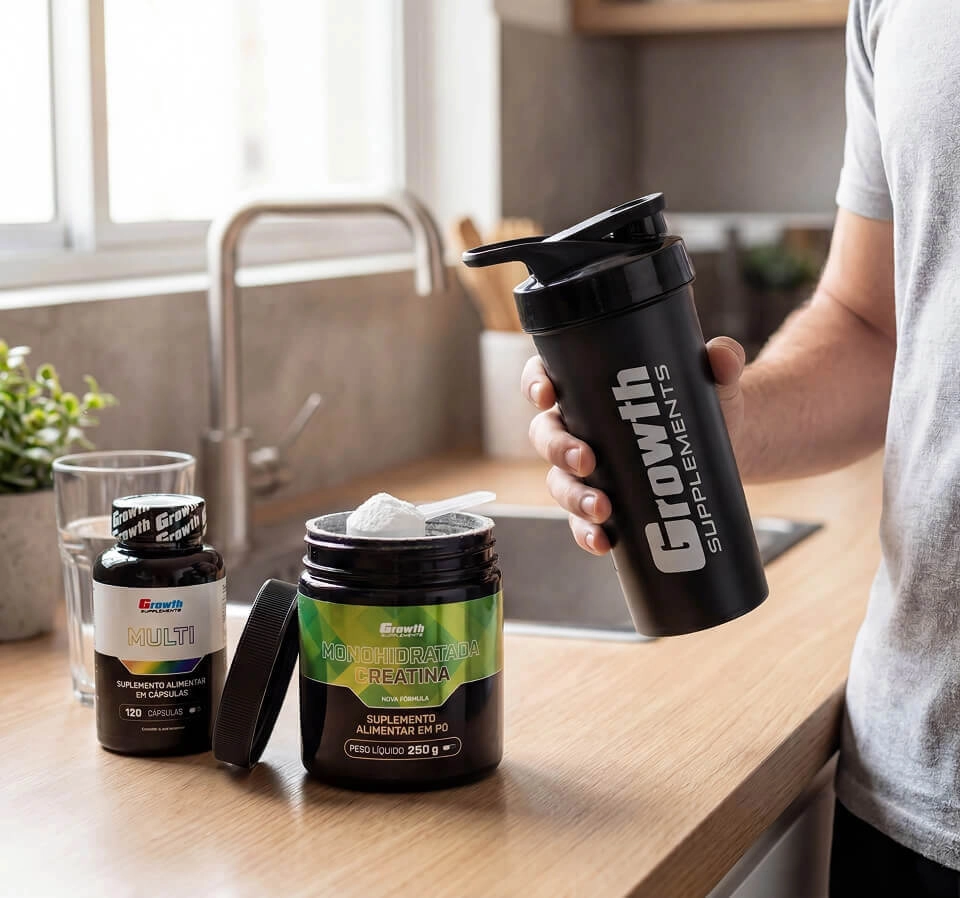Creatina Monohidratada e Multi Growth Supplements com uma pessoa segurando uma coqueteleira