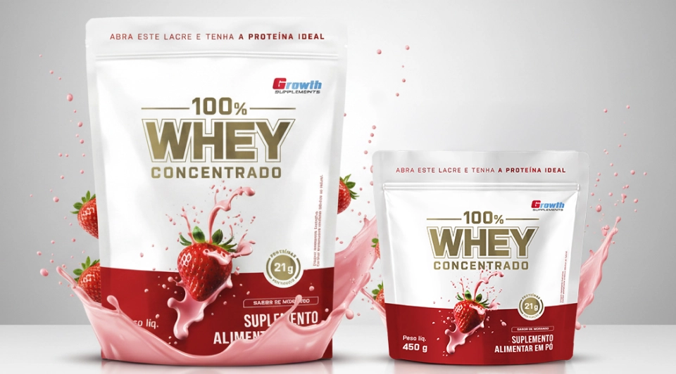 GROWTH SUPPLEMENTS - Embalagens de 100% Whey Protein Concentrado em balcão de cozinha