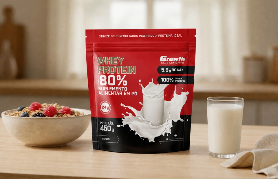 GROWTH SUPPLEMENTS - Embalagem de WPC 80% sabor natural no balcão de uma cozinha