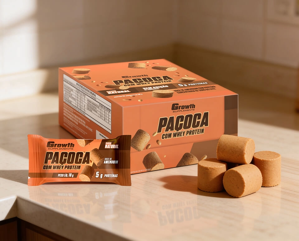 Paçoca Growth Supplements em cima de uma mesa