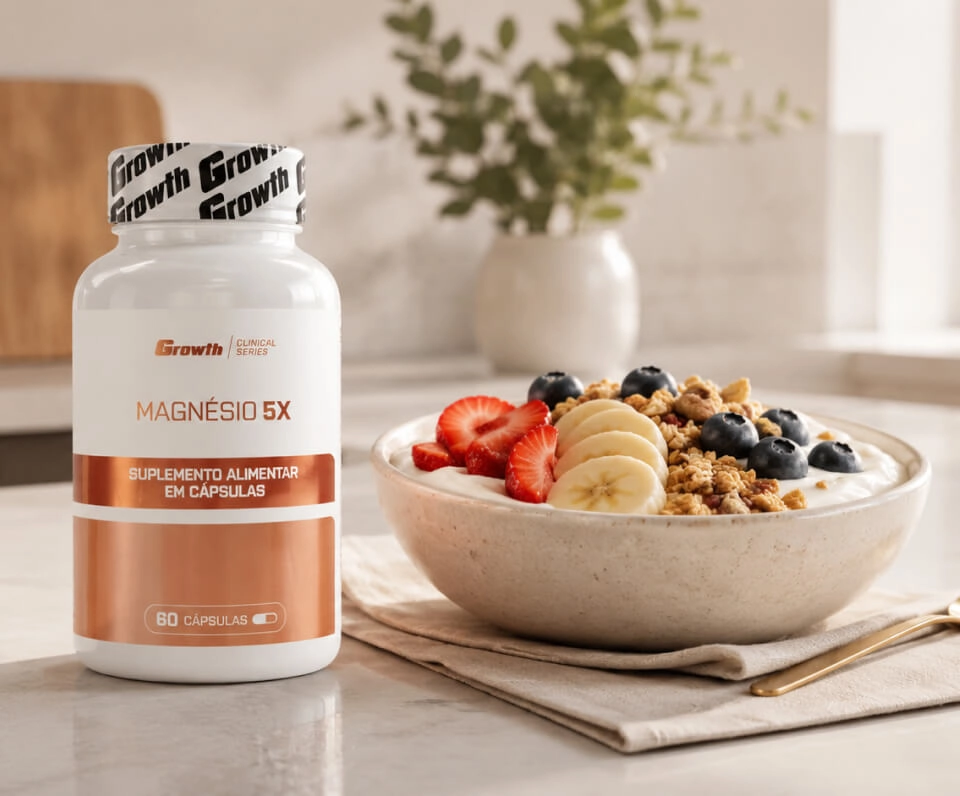 IMAGEM ILUSTRATIVA - Magnésio 5X Growth Supplements em cima da mesa ao lado de um copo de água