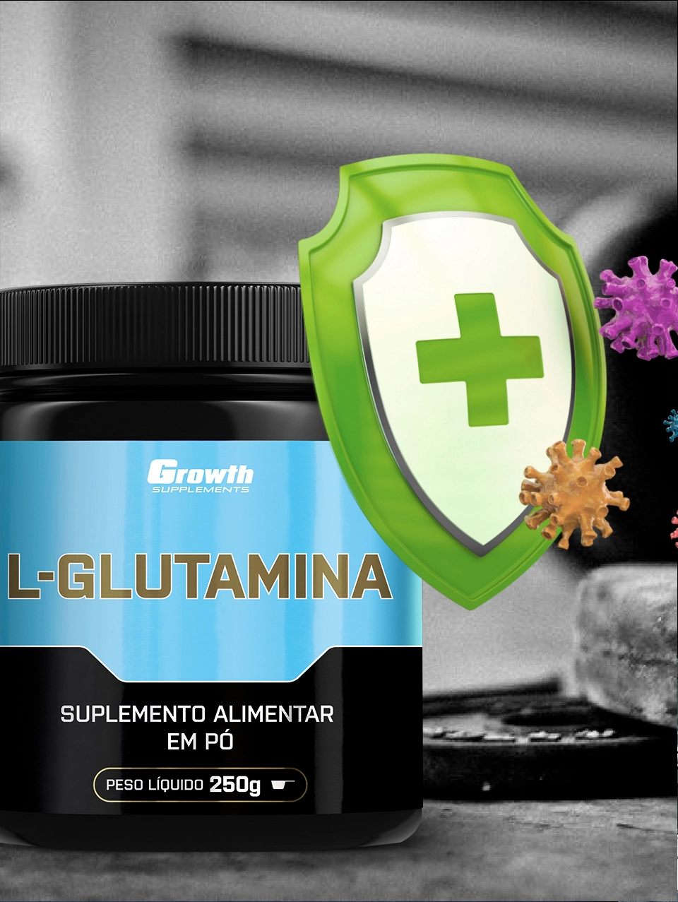 GROWTH SUPPLEMENTS - Imagem ilustrativa embalagem de glutamina defesa imunológica
